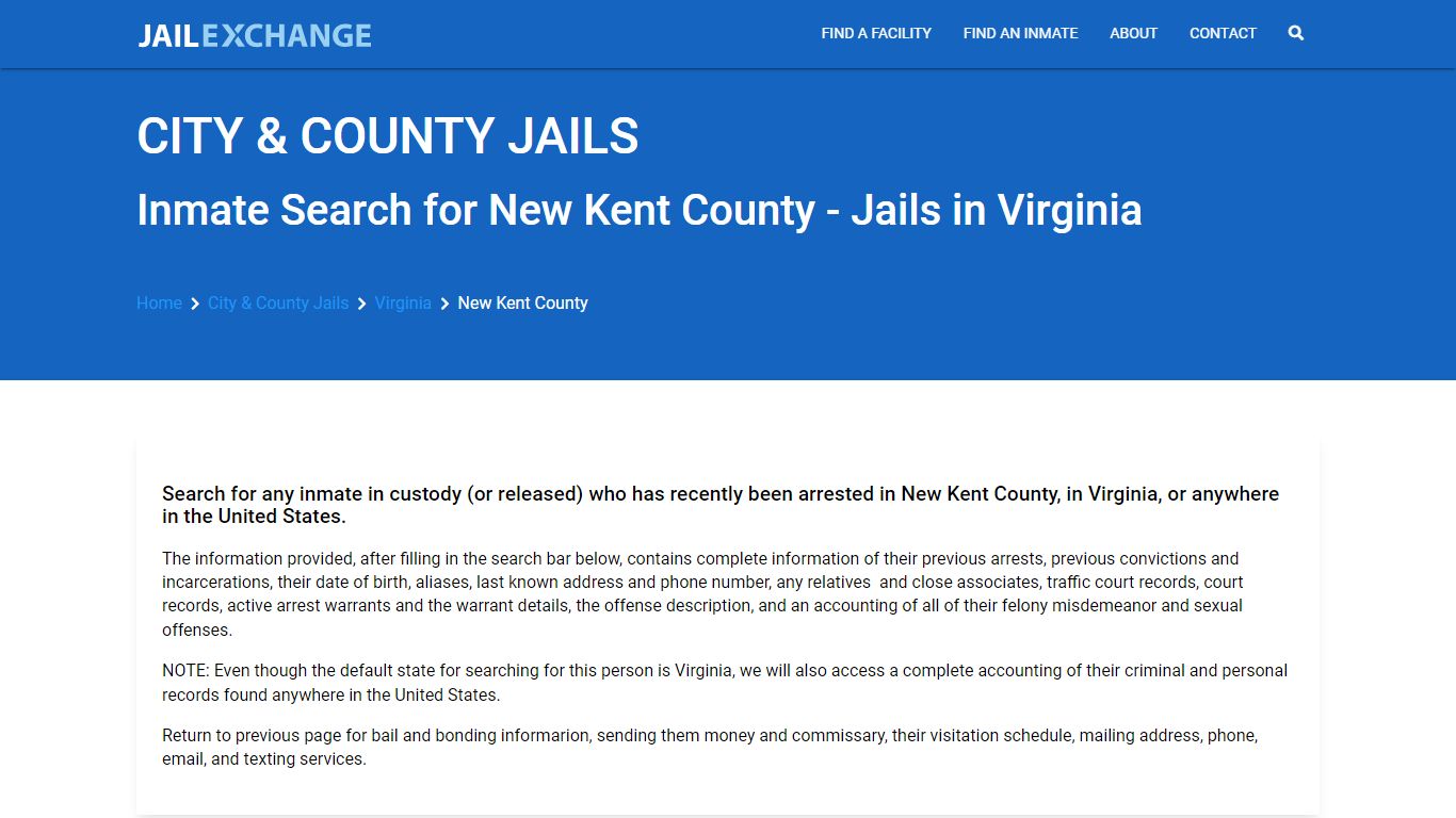 Locate an inmate in New Kent County, Virginia - Jail Exchange